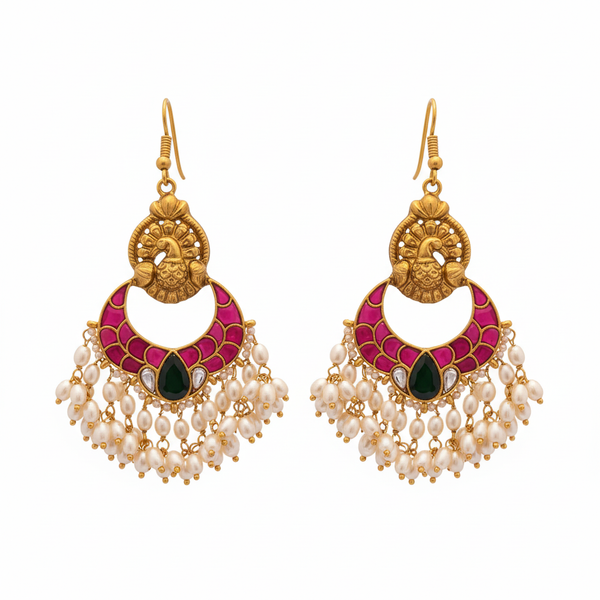 Jadau Kundan Peacock Chandbali Dangler Earrings on white background