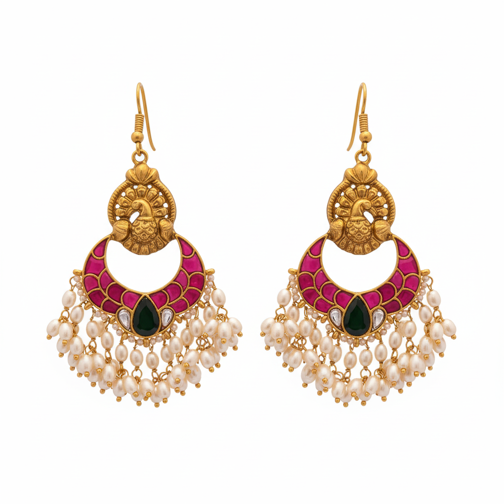 Jadau Kundan Peacock Chandbali Dangler Earrings on white background