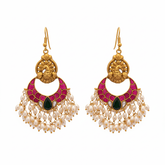 Jadau Kundan Peacock Chandbali Dangler Earrings on white background