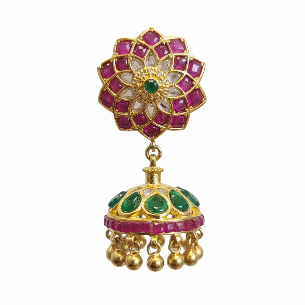 Emerald Kundan Lotus Jhumka - Macro Gemstone Detail