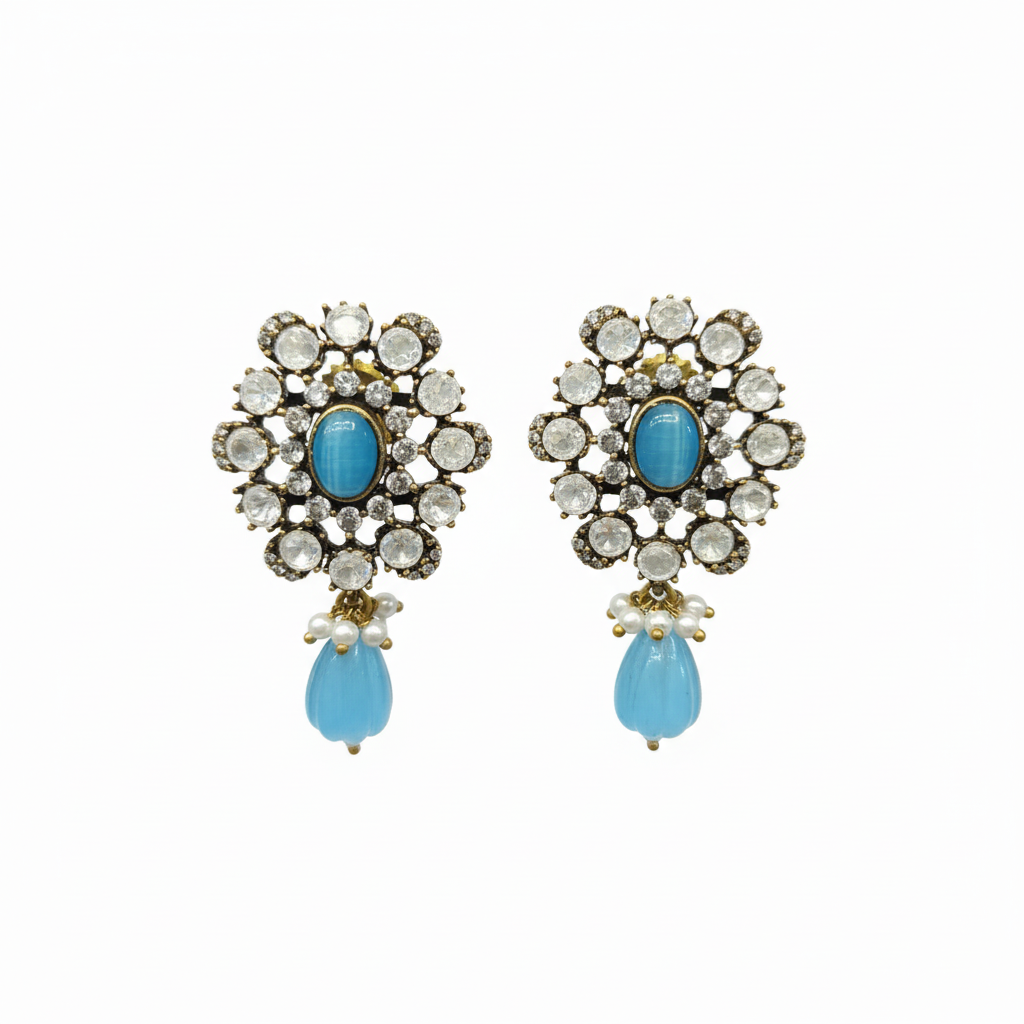Victorian Polki Flower Studs Blue White Background Studio Shot
