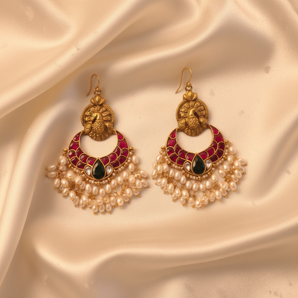 Jadau Kundan Peacock Chandbali Dangler Earrings on ivory silk flat lay