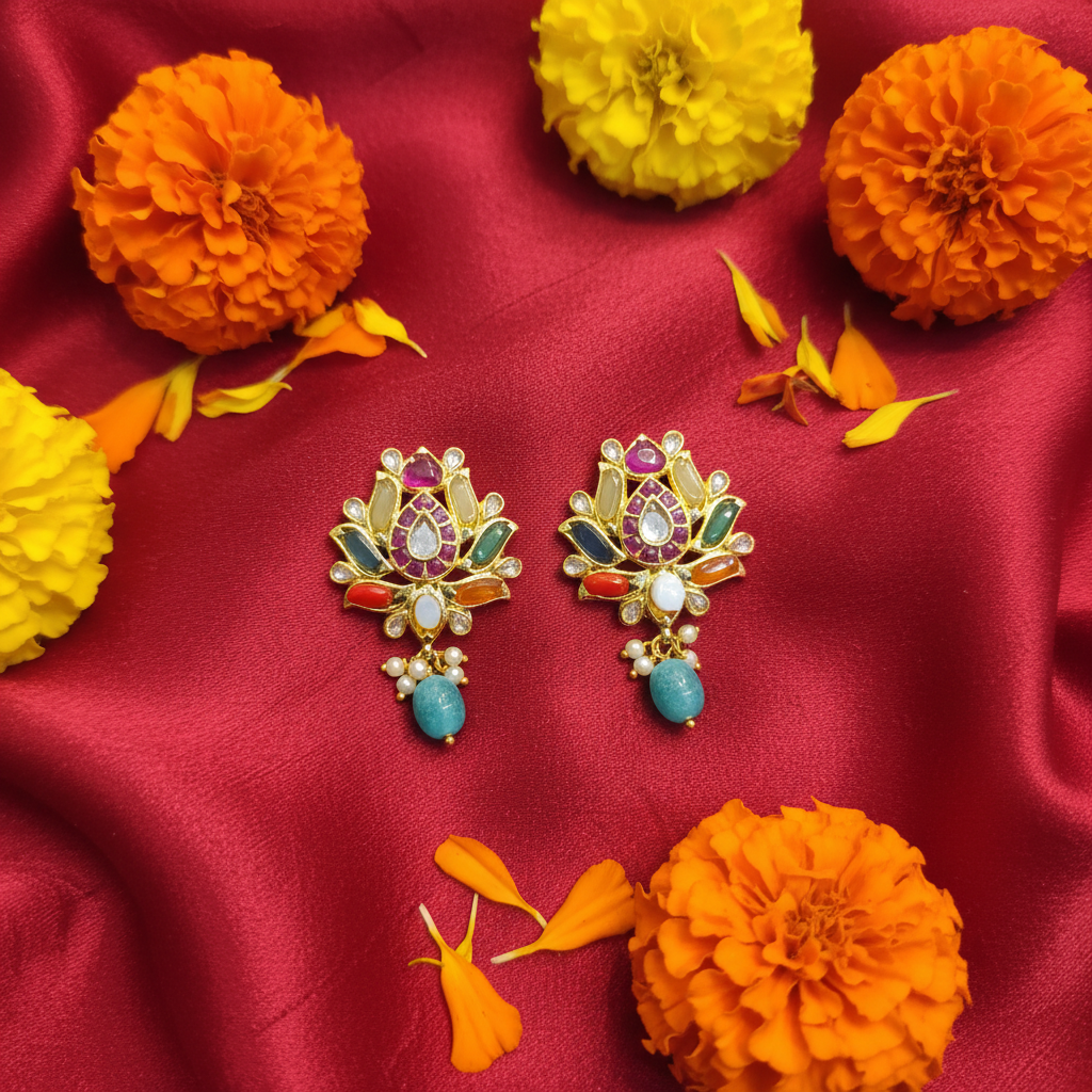 Navratna Lotus Earrings flat lay on red silk with flowers