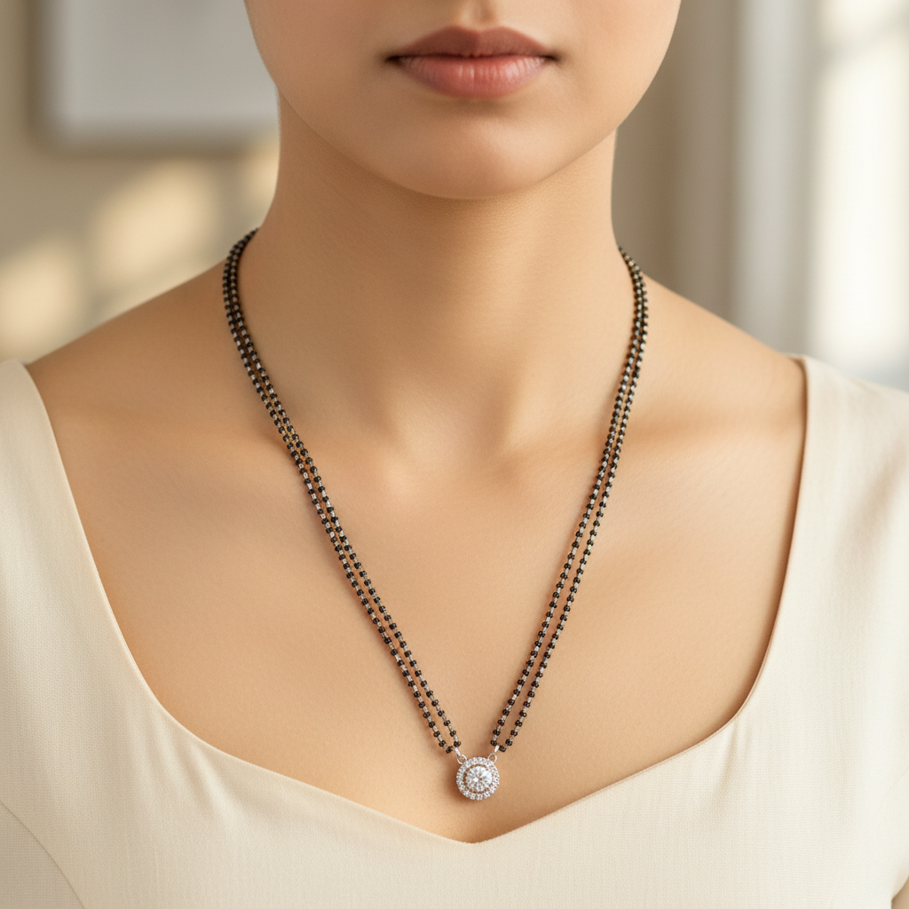 Long double strand black bead mangalsutra with round CZ halo pendant - lifestyle