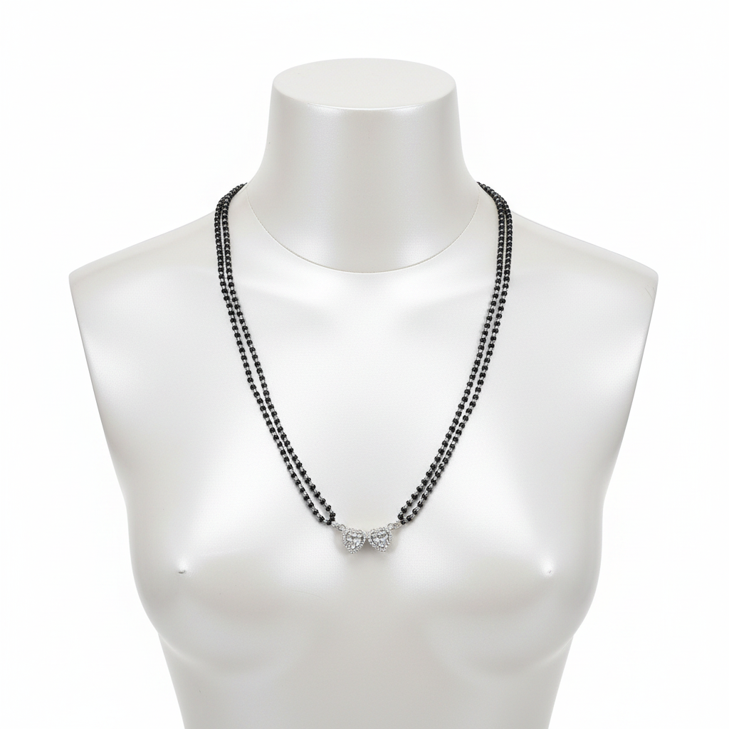 Long double strand black bead mangalsutra with twin heart CZ pendants - mannequin display
