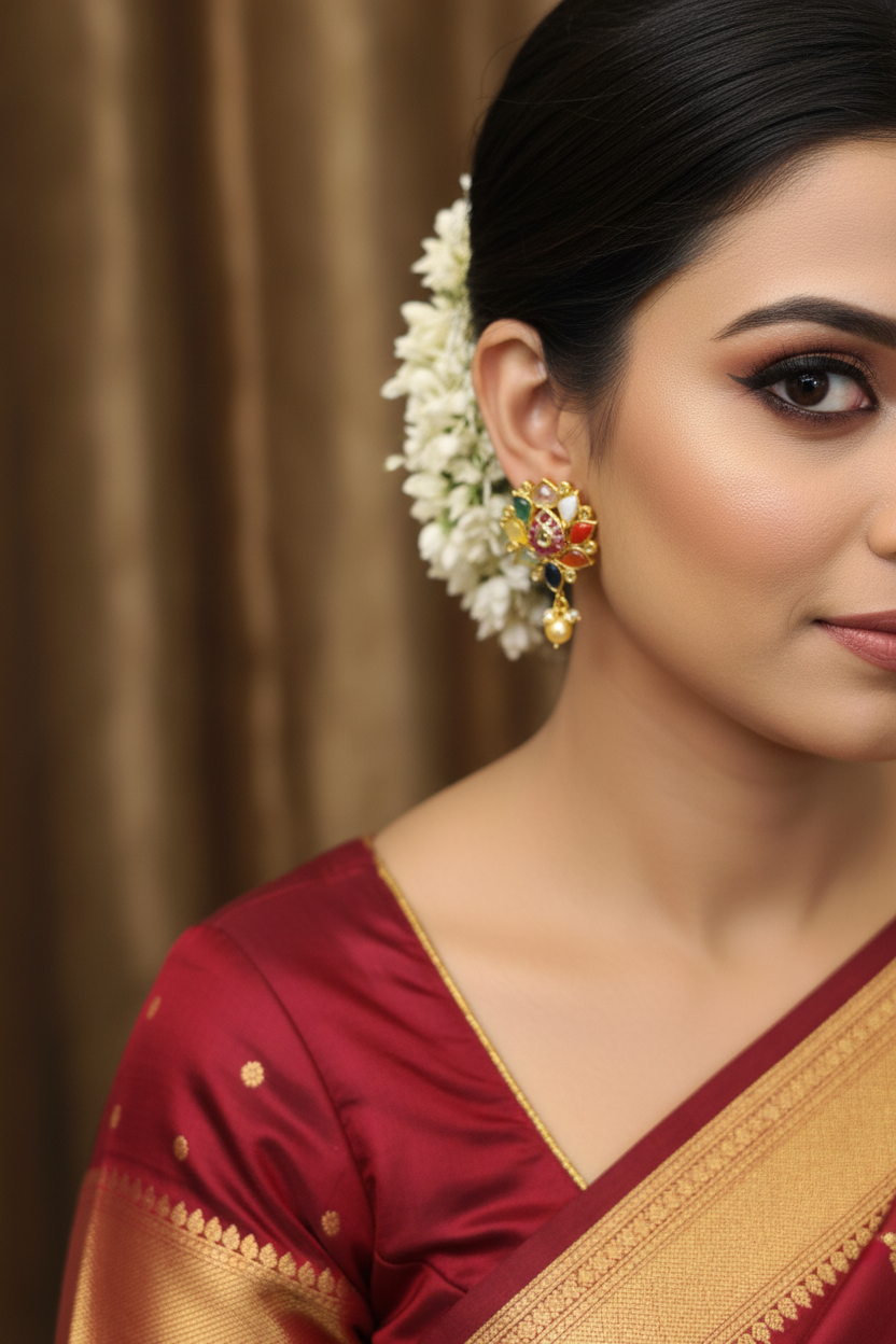 Model wearing Navratna Lotus Earrings with pearl drops in bridal look