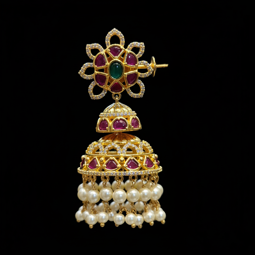 Kempu Emerald Jhumka Earrings close-up detail showing gemstones and pearl drops