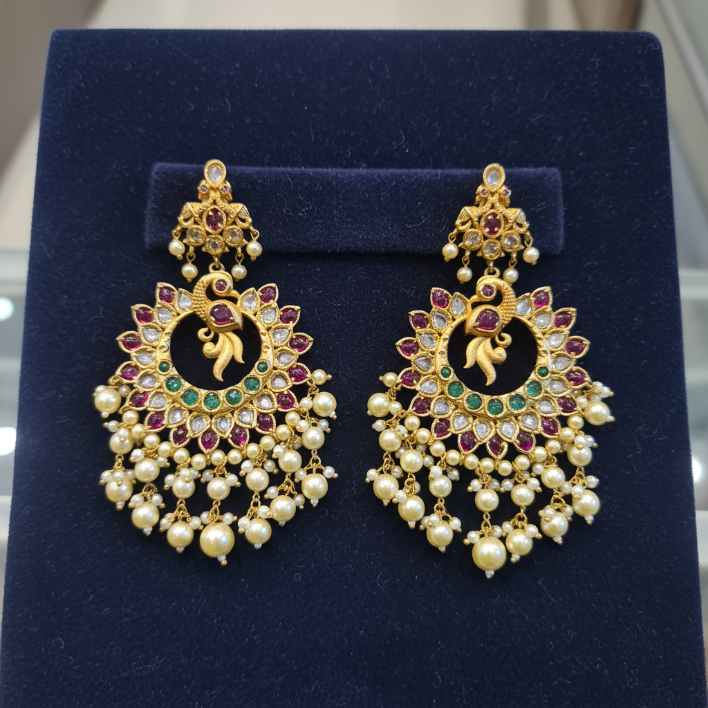 Jadau Kempu Chandbali Earrings - Flat Lay