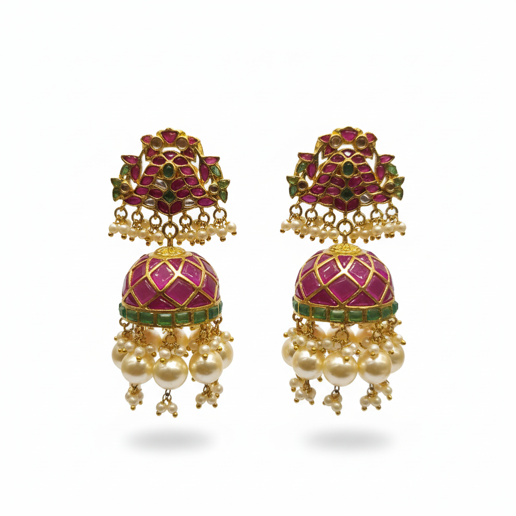Pink Kempu Emerald Kundan Jhumka - White Background