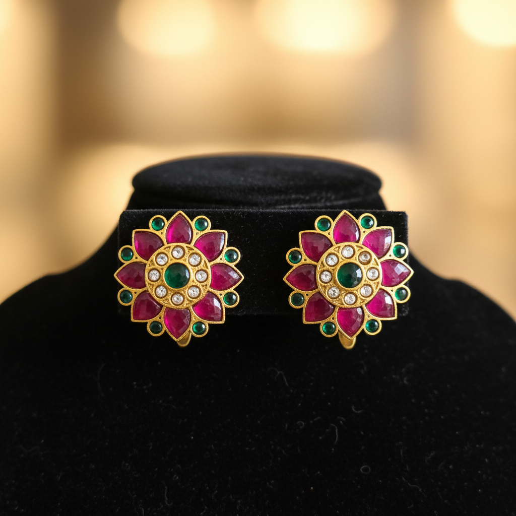 Lifestyle - 925 Silver Jadau Kundan Flower Studs on Black Velvet Stand
