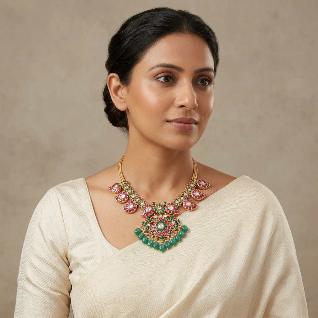Model wearing pink and green jadau kundan necklace without earrings
