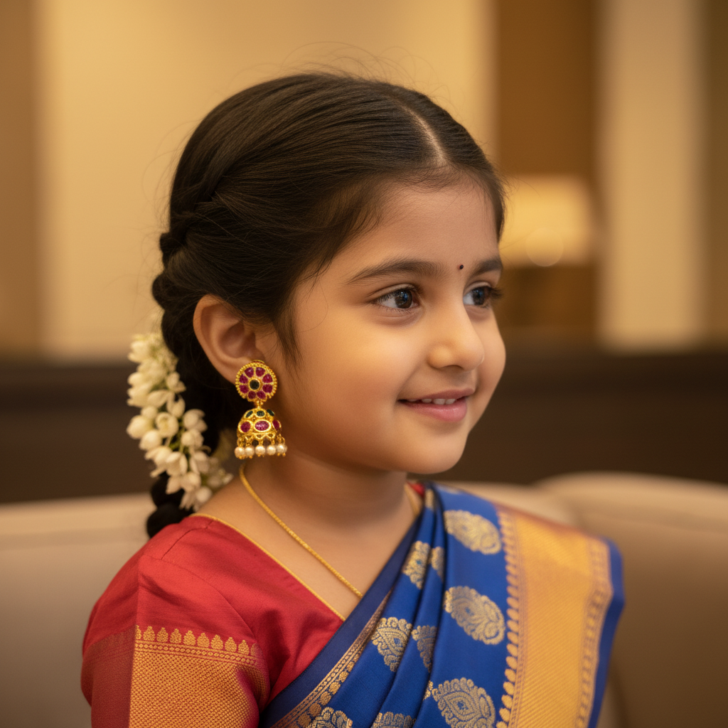 Kids Kempu Jhumki lifestyle shot on little girl in traditional silk dress