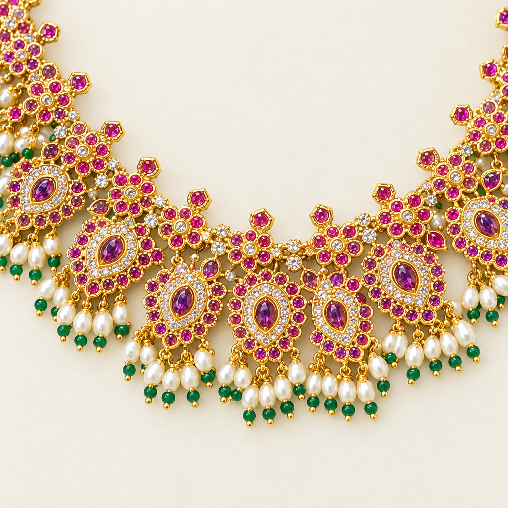 Close-up of mango motifs and cream and green bead accents