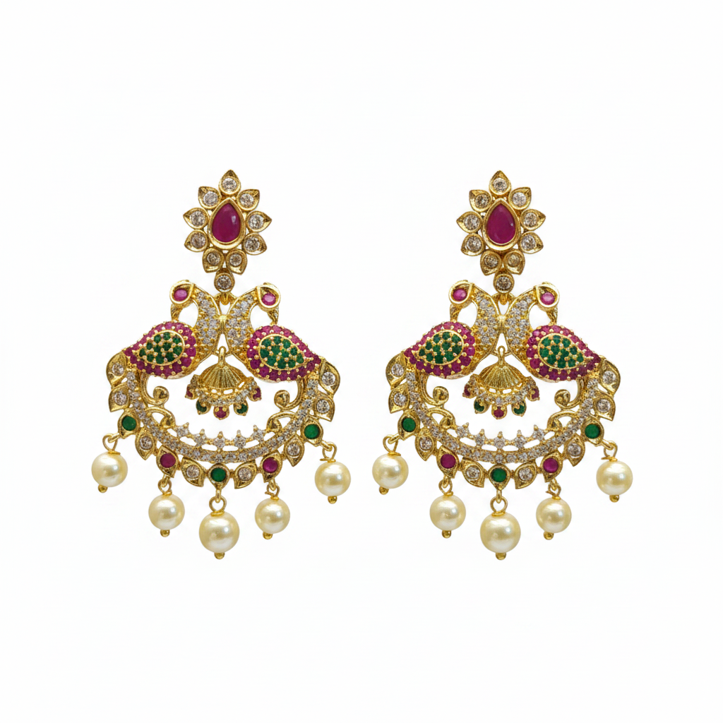 Kempu Emerald Peacock Chandbali Earrings - White Background