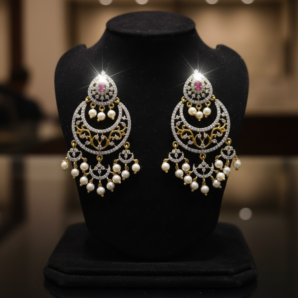 Chandbali Diamond Finished Earrings - Velvet Display Stand