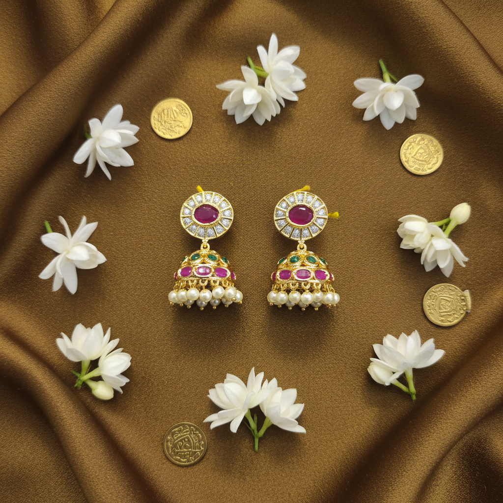 Gold Plated CZ Jhumka - Flat Lay on Gold Silk