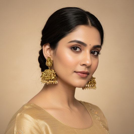 Model wearing antique gold Lakshmi temple jhumka earrings with peacock stud and pearl drops