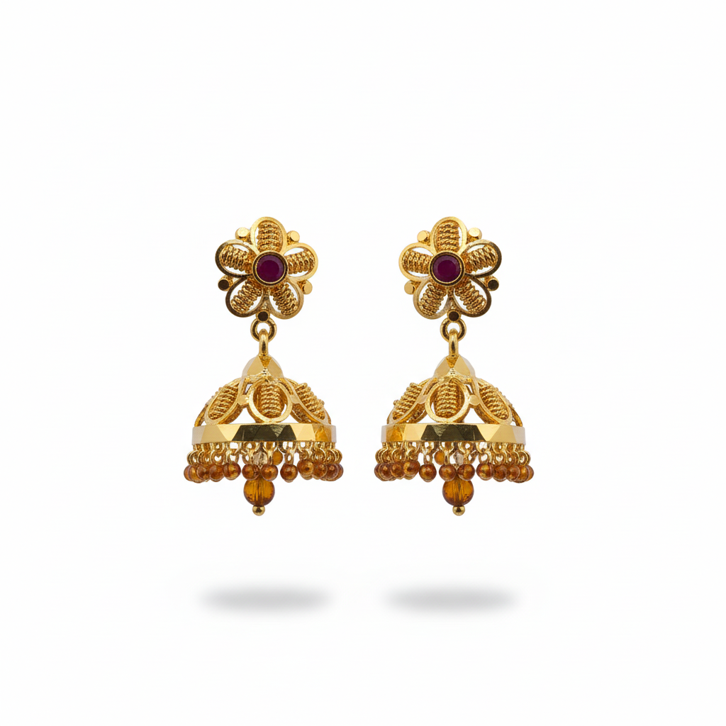 Gold Amber Crystal Drop Jhumka on white background