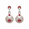 CZ Baguette Disc Chandelier Earrings - Ruby Pink White Background