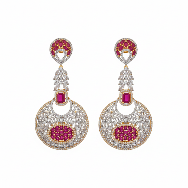 CZ Baguette Disc Chandelier Earrings - Ruby Pink White Background