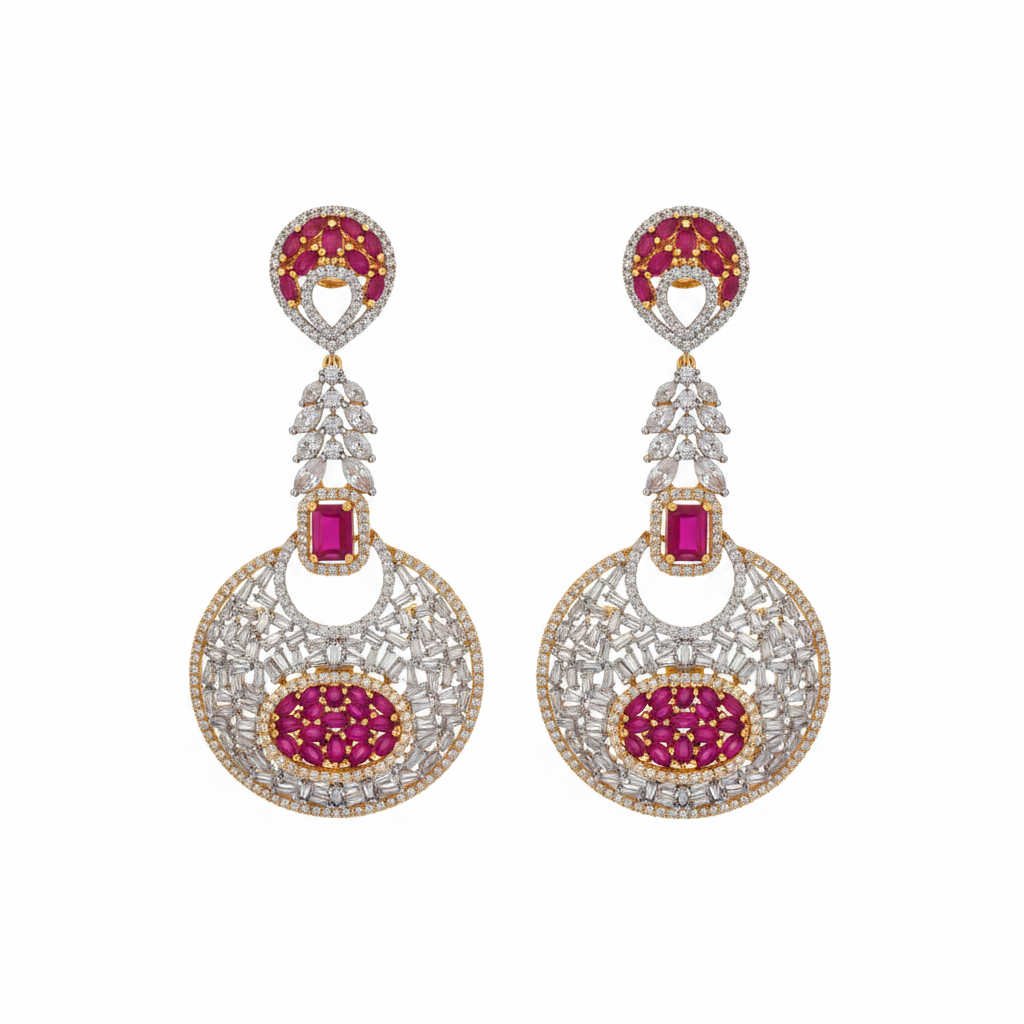 CZ Baguette Disc Chandelier Earrings - Ruby Pink White Background