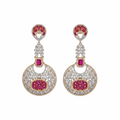 CZ Baguette Disc Chandelier Earrings - Ruby Pink White Background