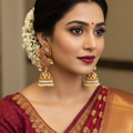 Peacock Kempu Jhumka Temple Earrings - Model Wear