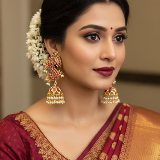 Peacock Kempu Jhumka Temple Earrings - Model Wear