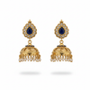 Gold Plated Blue Sapphire CZ Jhumka Earrings flat lay on white background