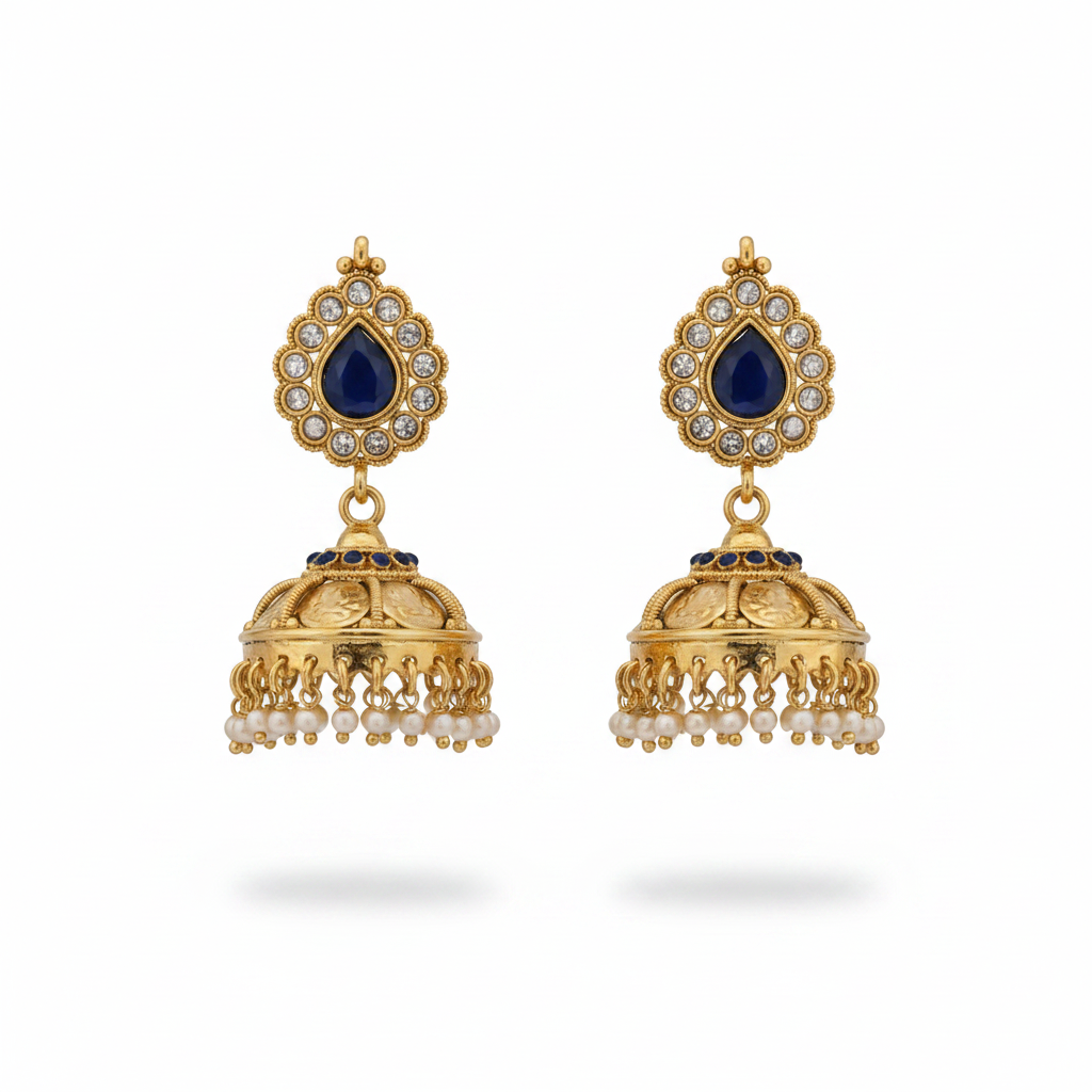 Gold Plated Blue Sapphire CZ Jhumka Earrings flat lay on white background