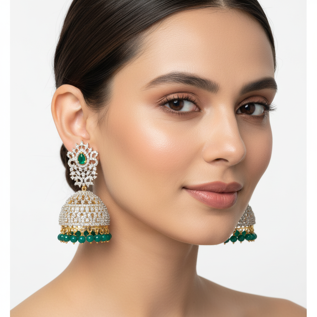 CZ diamond jhumka earrings with green bead fringe, model wearing, white background
