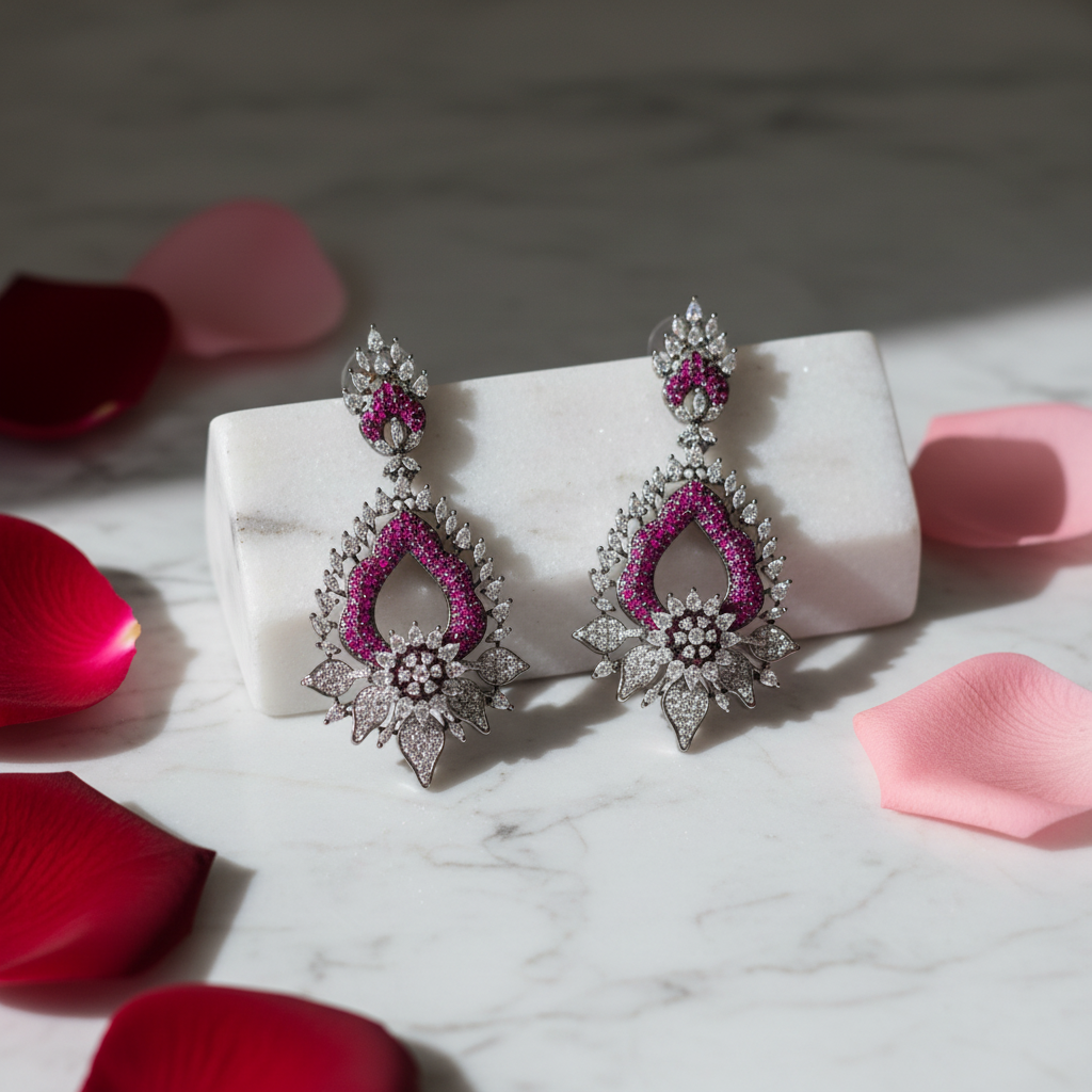 Victorian Ruby Pink CZ Chandelier Earrings - Lifestyle Shot