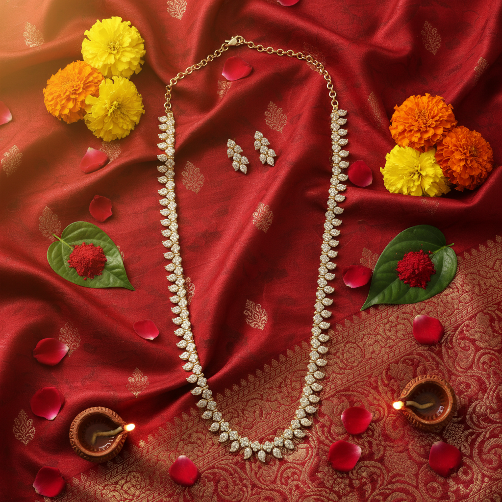 Gold diamond leaf necklace set flat lay with Indian cultural props