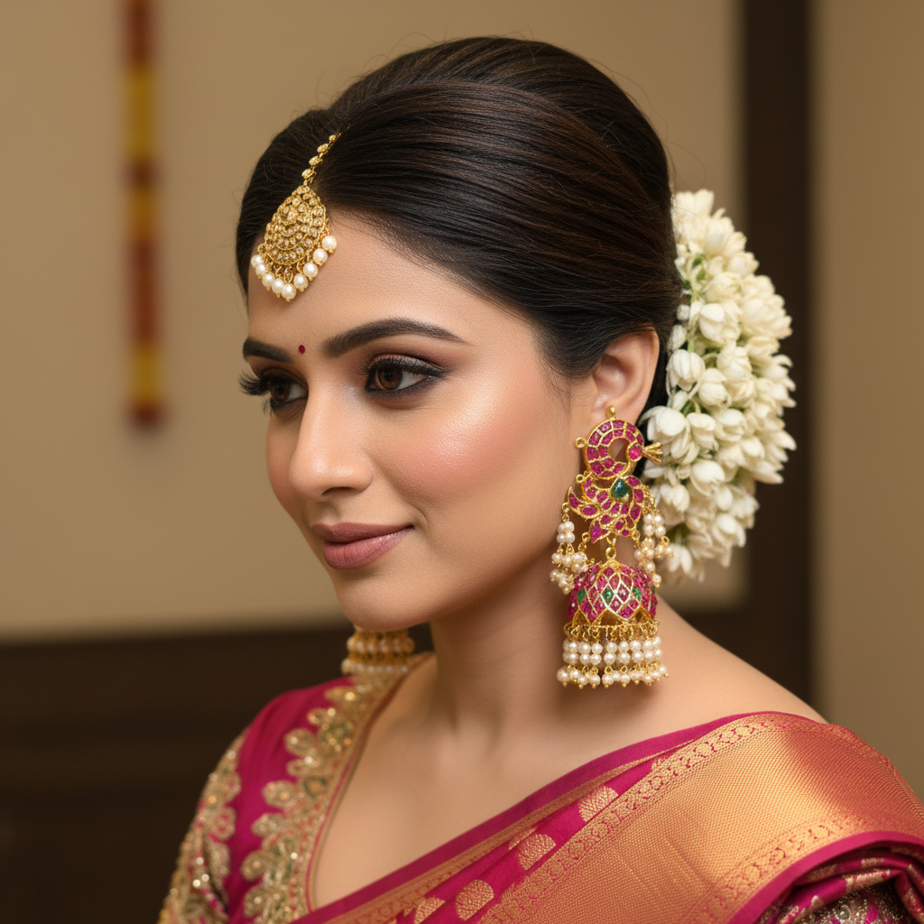 Peacock Pink Kempu Jhumka - Model Wear