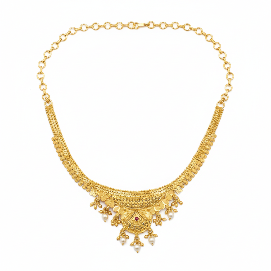 Gold Forming Necklace Set - Temple Jewelry with Ruby Accents and Matching Jhumka Earrings