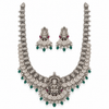 Oxidized Lakshmi long haram necklace with matching jhumka earrings on a white background