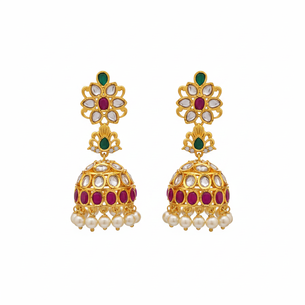 Polki Flower Jhumki Multicolor - White Background Studio Shot