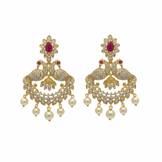 CZ Peacock Chandbali Earrings - White Background