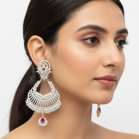 Model wearing Vaayu Chandbali Earrings - white background - ASP Fashion Jewellery
