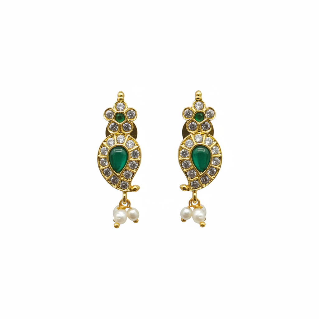 Polki CZ Teardrop Mango Studs - Emerald Variant - White Background Hero