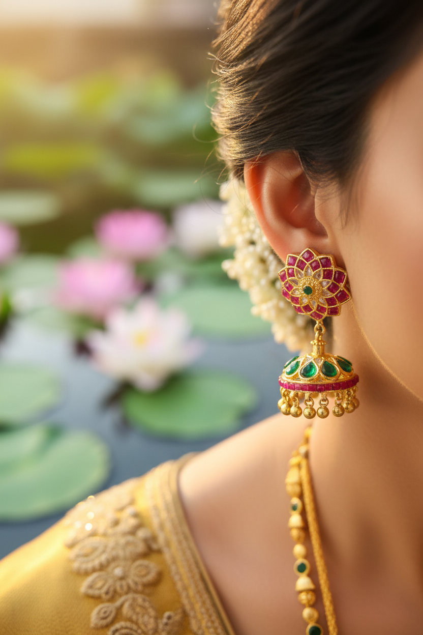 Emerald Kundan Lotus Jhumka - Bridal Lifestyle Wear