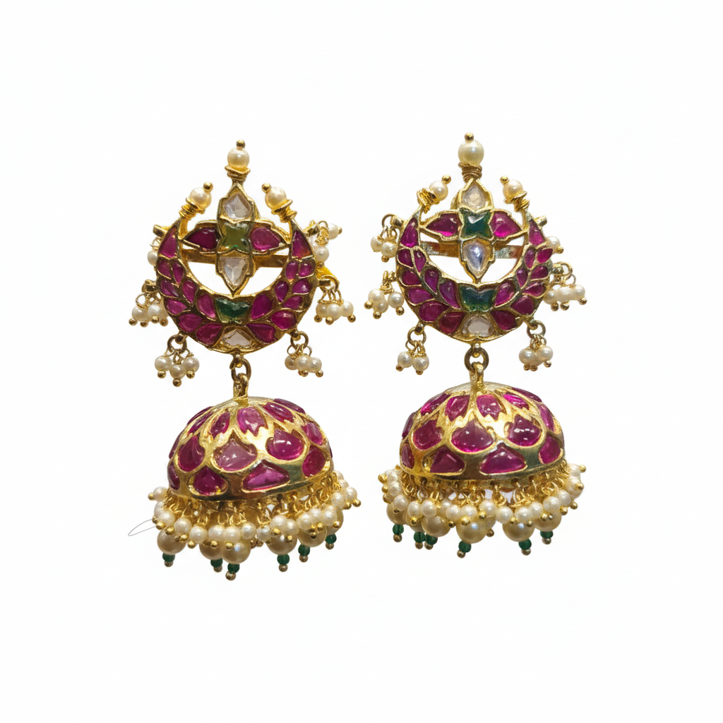 Kempu Kundan Chandbali Jhumki - White Background