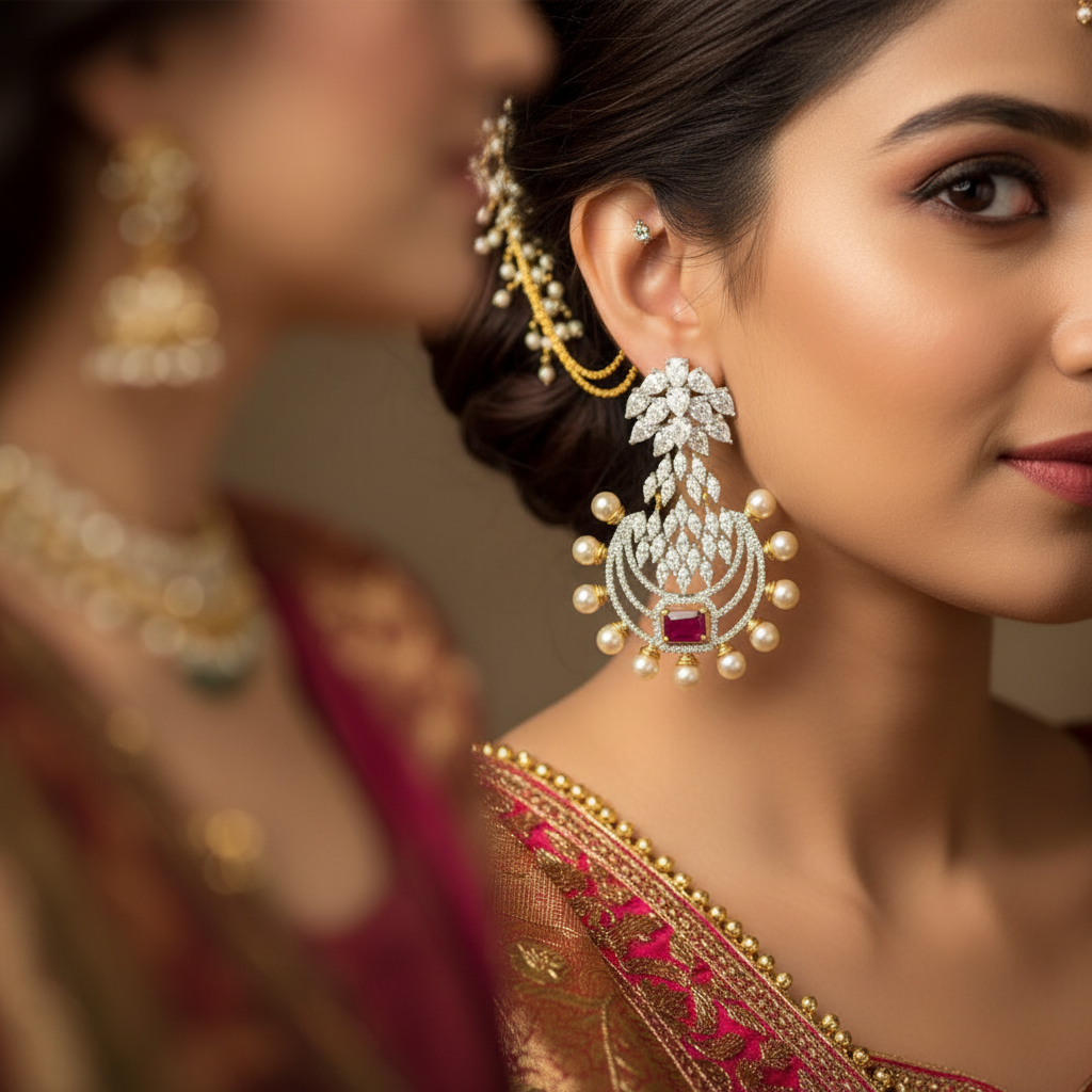 CZ Marquise Chandbali Earrings - Sapphire Blue On-Model