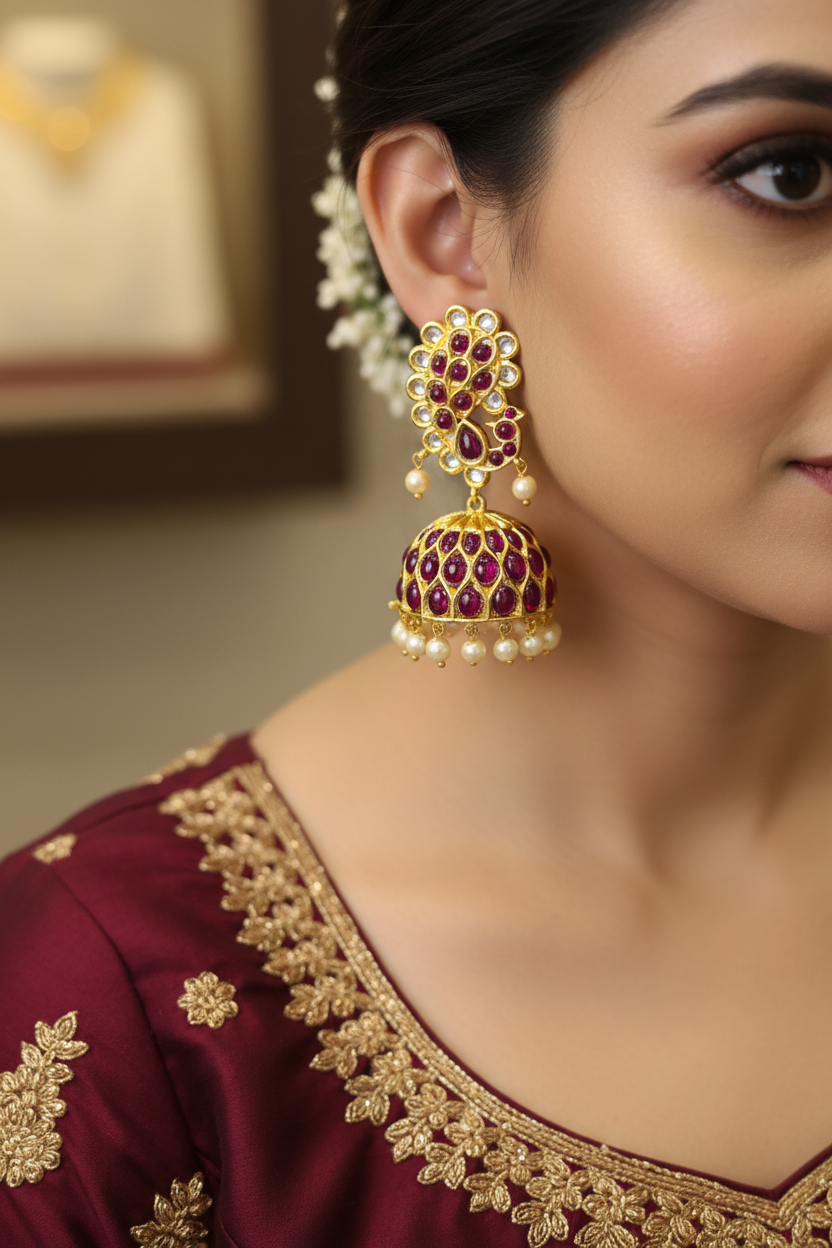 Model wearing Kempu Polki Jhumka