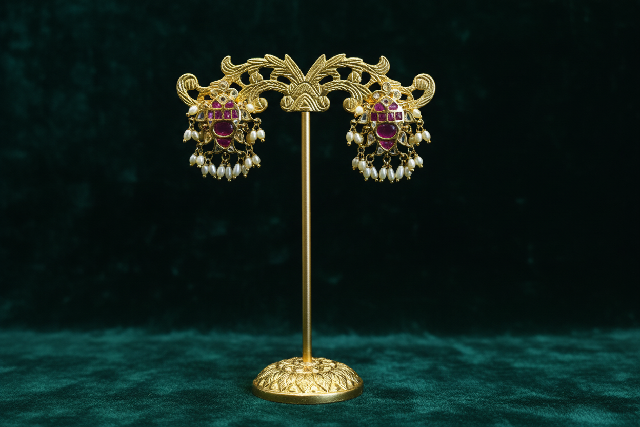 Handmade Kempu Fish Studs - Boutique Display on Forest Green Velvet