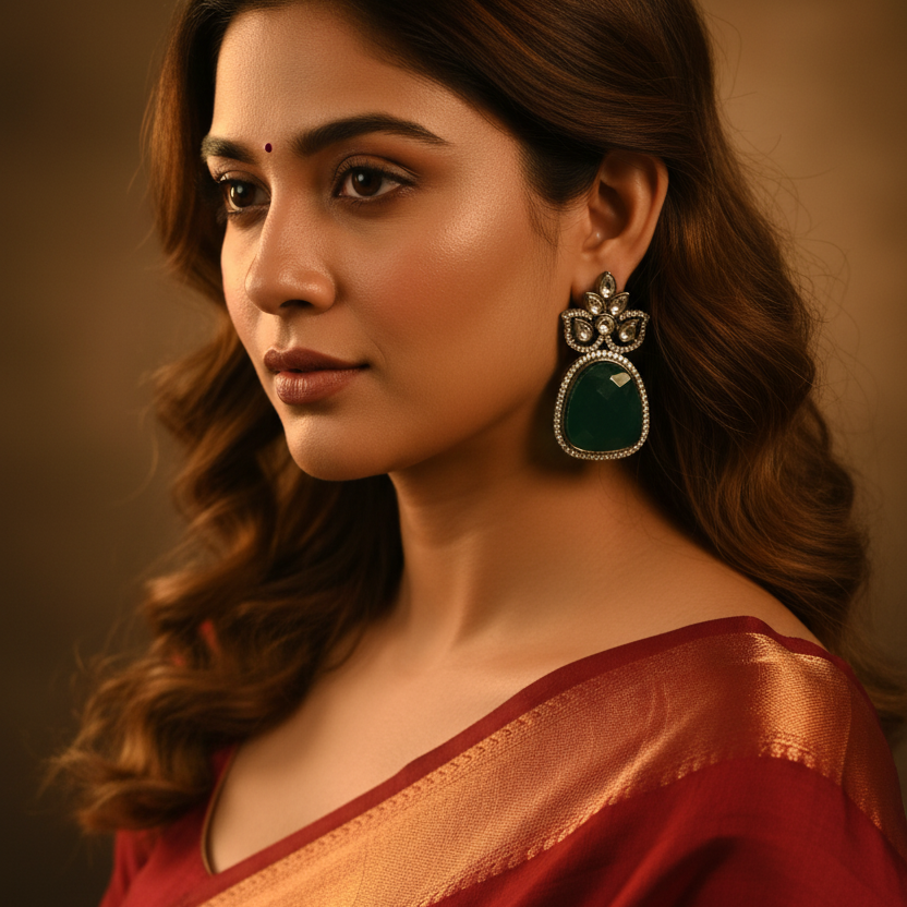 Model wearing Victorian Kundan Earrings - Emerald Green
