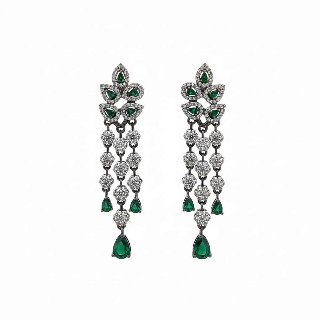 Victorian CZ Chandelier Drop Earrings - Green Emerald - White Background