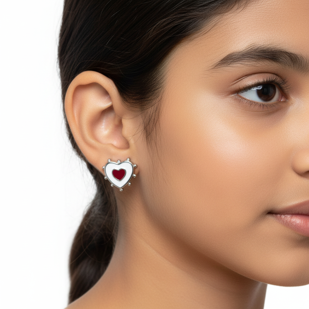 925 Silver Double Heart Earrings for Kids - Red & White Enamel Studs