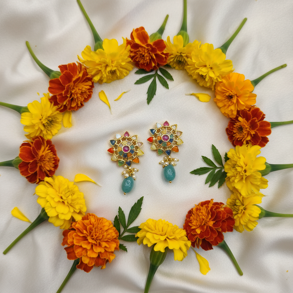 Navratna Sunflower Earrings flat lay on ivory silk with marigold flowers