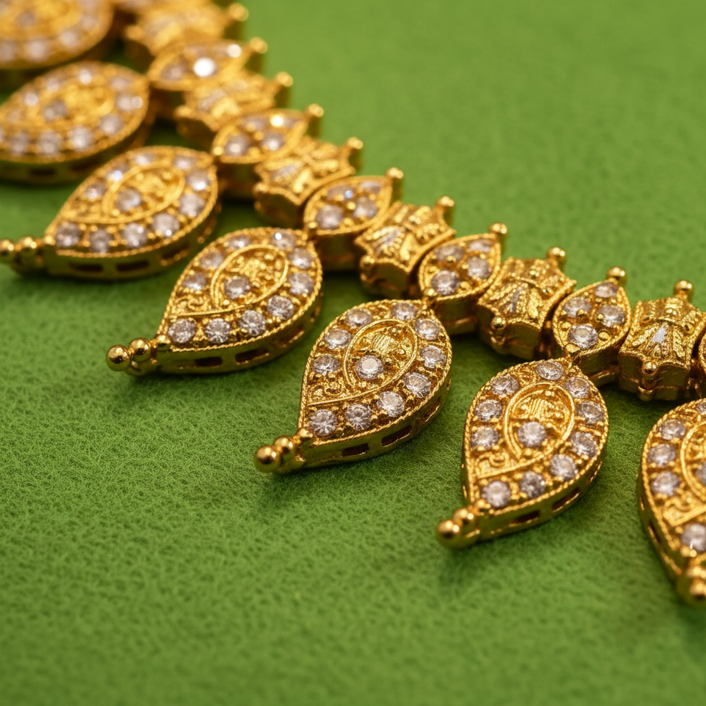 Close-up detail of intricate engraving and zircon work on mango necklace